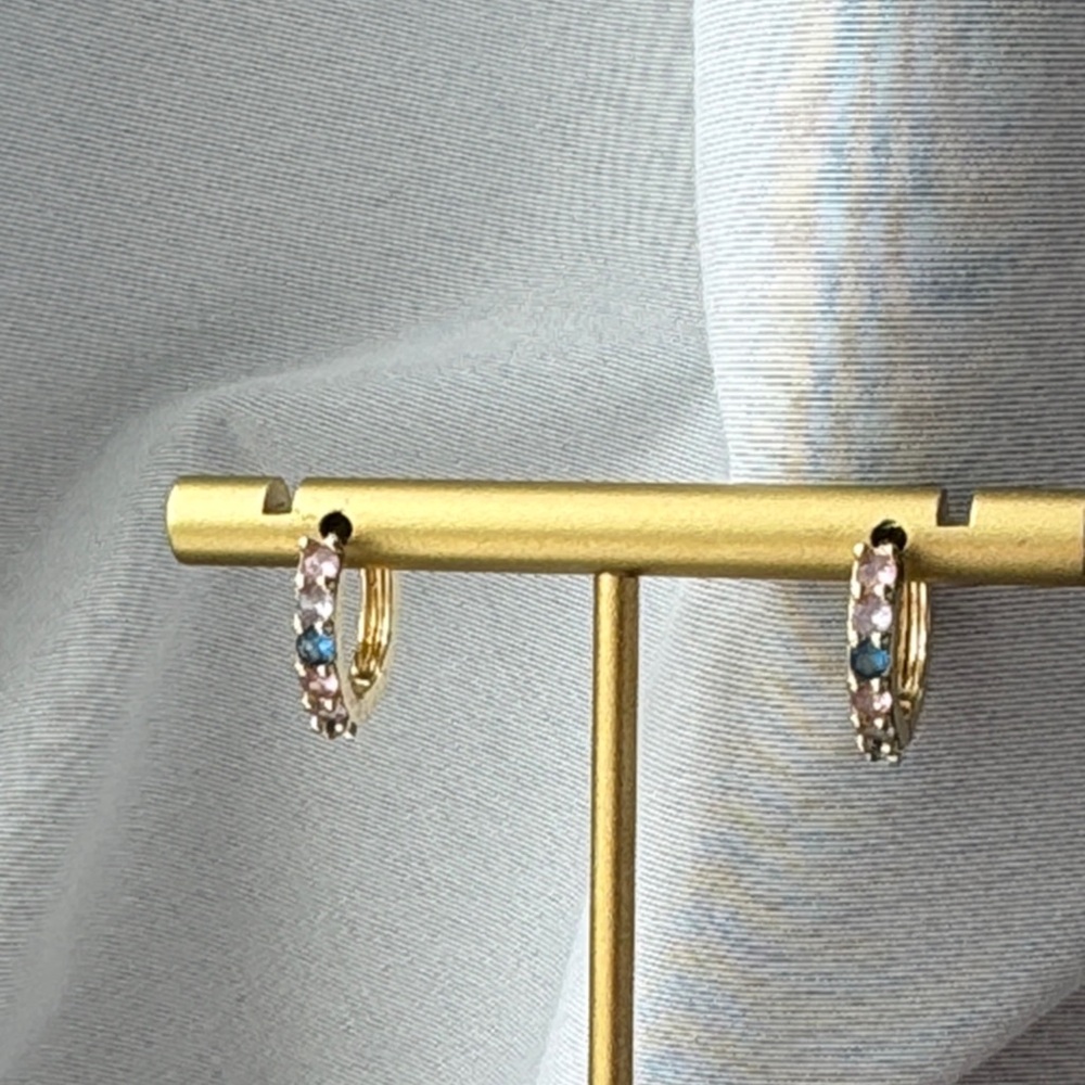 Pretty Bird Light Pink and Blue Gem Plated Gold Huggy Earrings